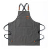 A dark gray canvas apron with black straps and large front pockets.