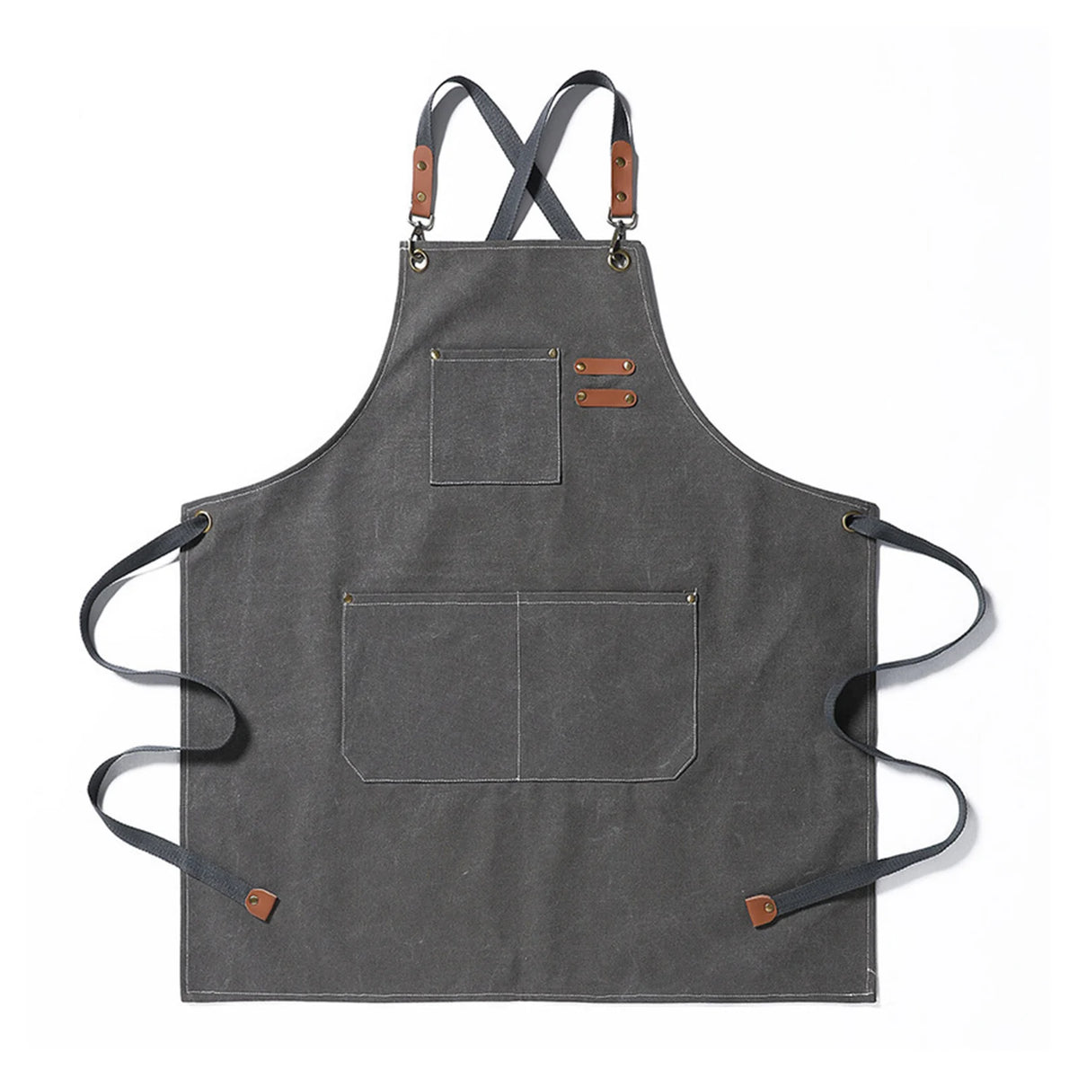 A dark gray canvas apron with black straps and large front pockets.