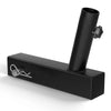 A black universal hitch mount flag pole holder with a cylindrical post and a latch mechanism.