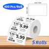 Roll of 400 thermal label paper rolls with pricing information and dimensions