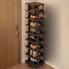 A vertical, dark brown shoe rack with multiple tiers for storing and organizing shoes.