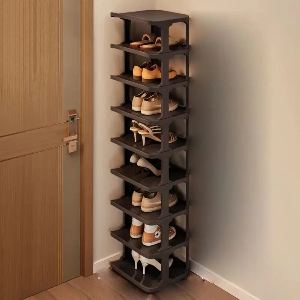 A vertical, dark brown shoe rack with multiple tiers for storing and organizing shoes.