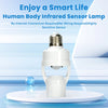 A white human body infrared sensor lamp holder with an E27 bulb displayed on a clear platform.