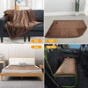 A cozy brown waterproof throw blanket shown draped over a sofa, a floor mat, and a car seat.