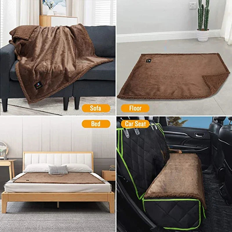 A cozy brown waterproof throw blanket shown draped over a sofa, a floor mat, and a car seat.
