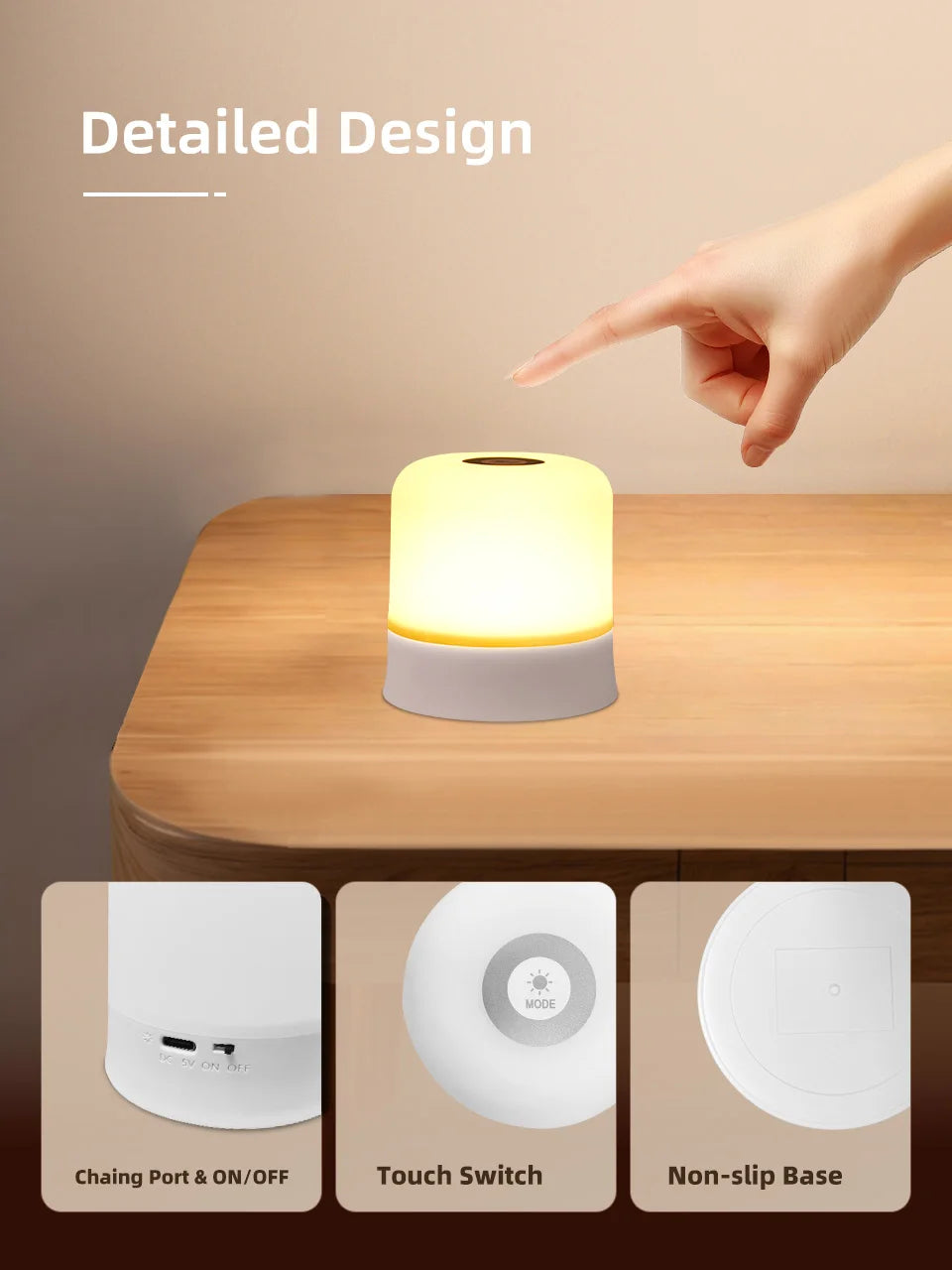 A white rechargeable night light is shown on a wooden table, with close-ups of its components: a charging port, a touch switc
