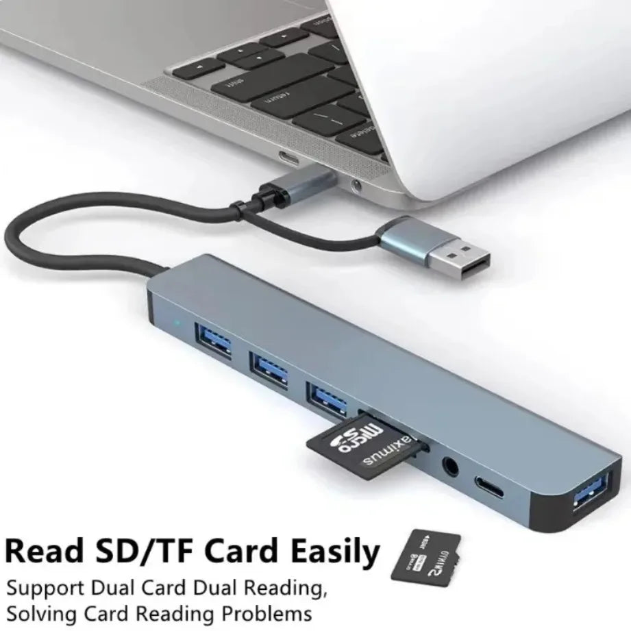 8-in-2 USB-C Hub with SD/TF Card Reader and Audio Jack