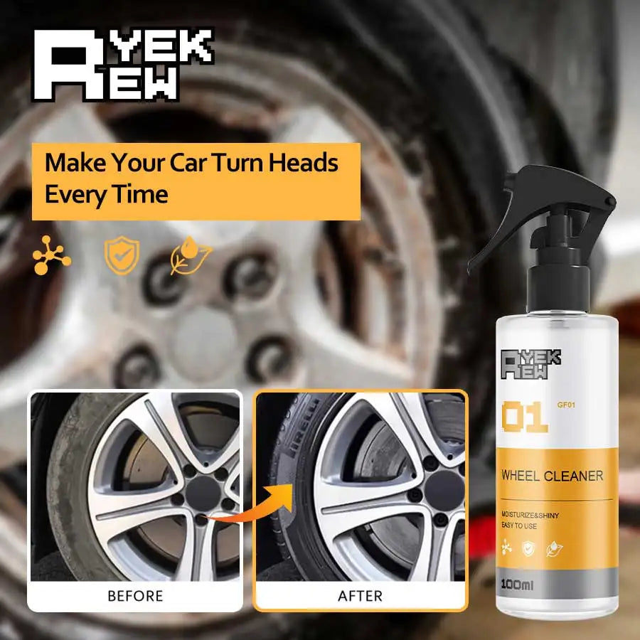 A bottle of YEKREW wheel cleaner with before and after images showing car wheels being cleaned.