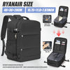 A black RyanAir size vacuum compression backpack shown with various storage and opening features.