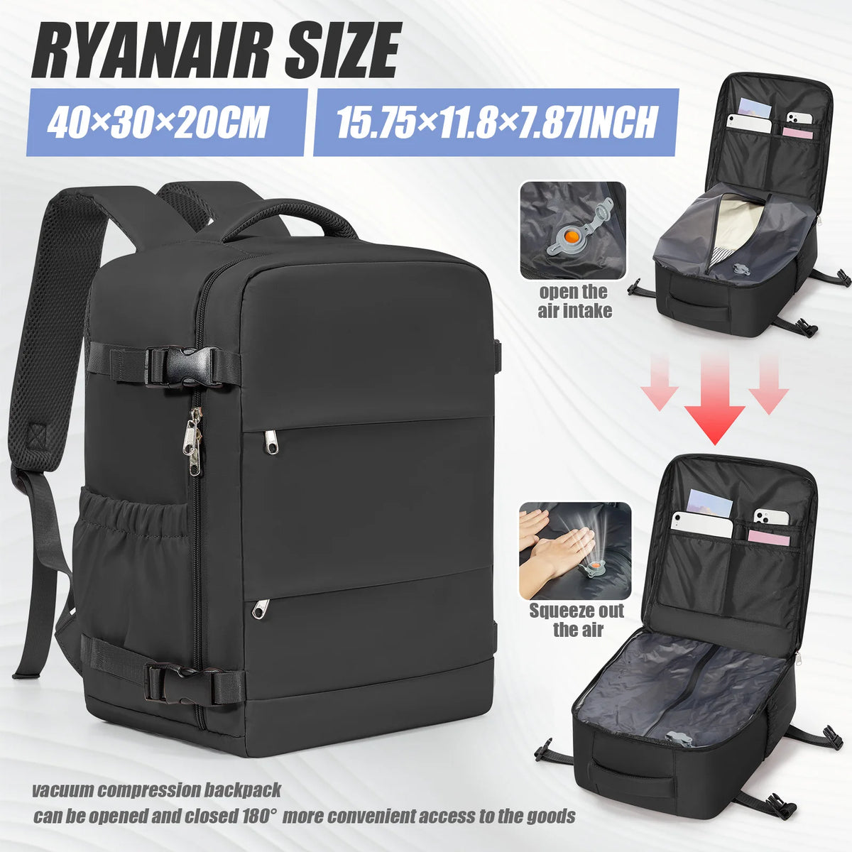 A black RyanAir size vacuum compression backpack shown with various storage and opening features.