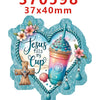 A heart-shaped acrylic hair bow decoration featuring Jesus fills my cup design with pink and blue accents.