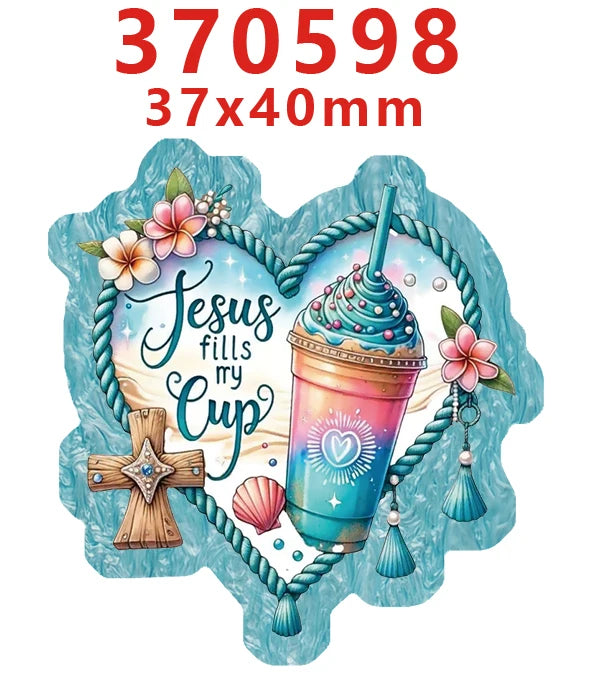 A heart-shaped acrylic hair bow decoration featuring Jesus fills my cup design with pink and blue accents.
