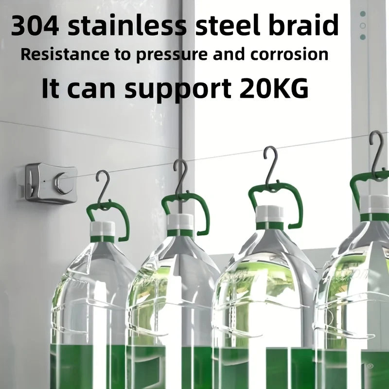 Stainless steel braid clothesline supporting 20KG, shown hanging on a white wall.
