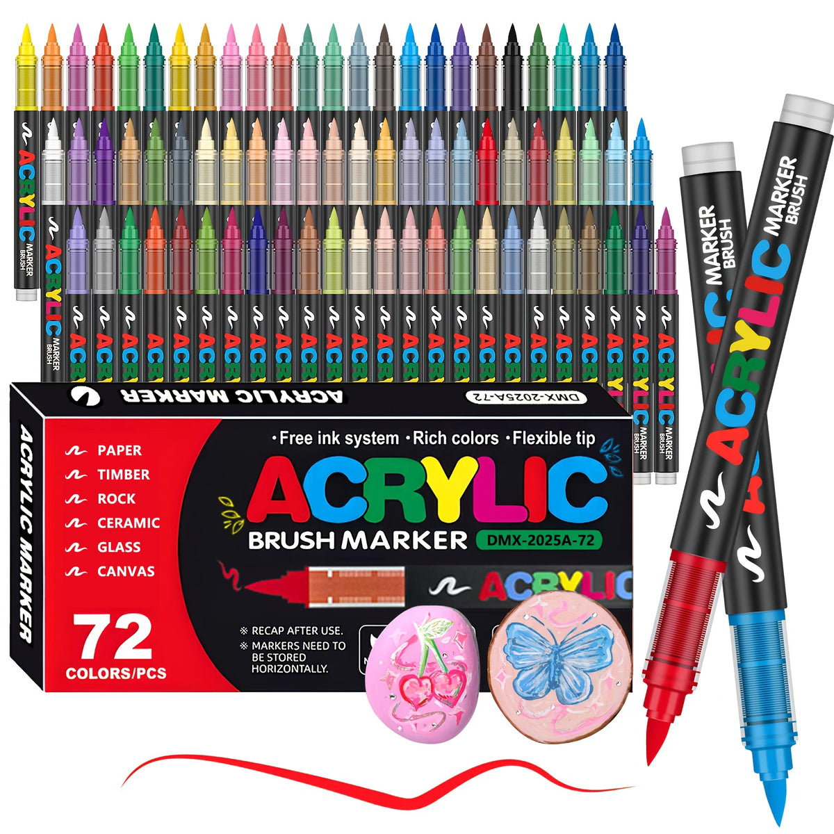 A set of 72 acrylic brush tip paint markers in various colors and tips displayed on a black box.