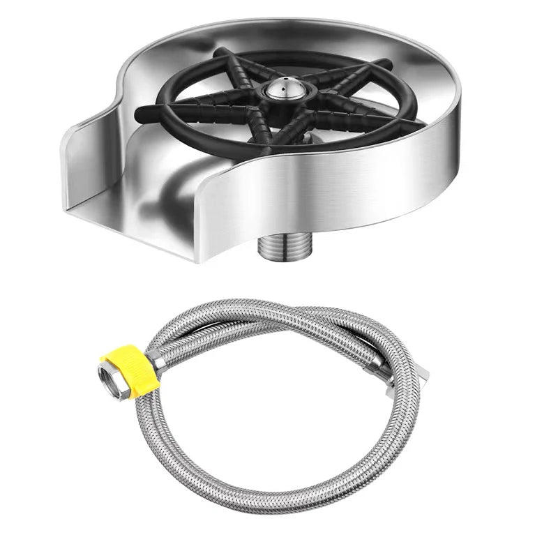 A stainless steel high pressure faucet glass rinser with a flexible hose and yellow connector.