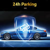 A blue car is shown with a glowing digital interface overlay, symbolizing 24h parking features.