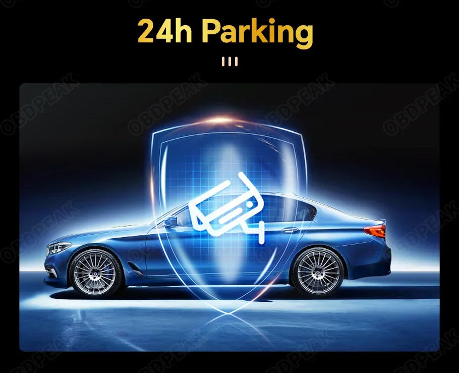 A blue car is shown with a glowing digital interface overlay, symbolizing 24h parking features.