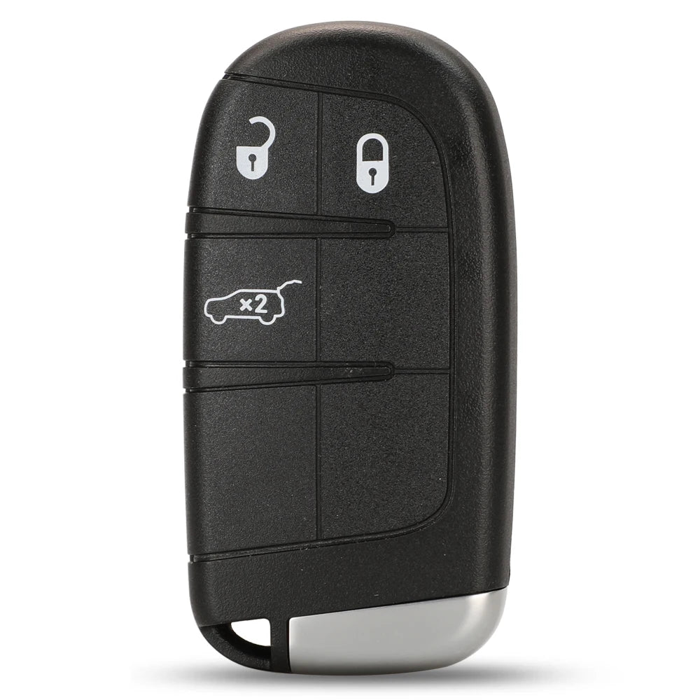 Black replacement key fob shell for Jeep, Dodge, Chrysler, and Fiat vehicles with a silver tip.