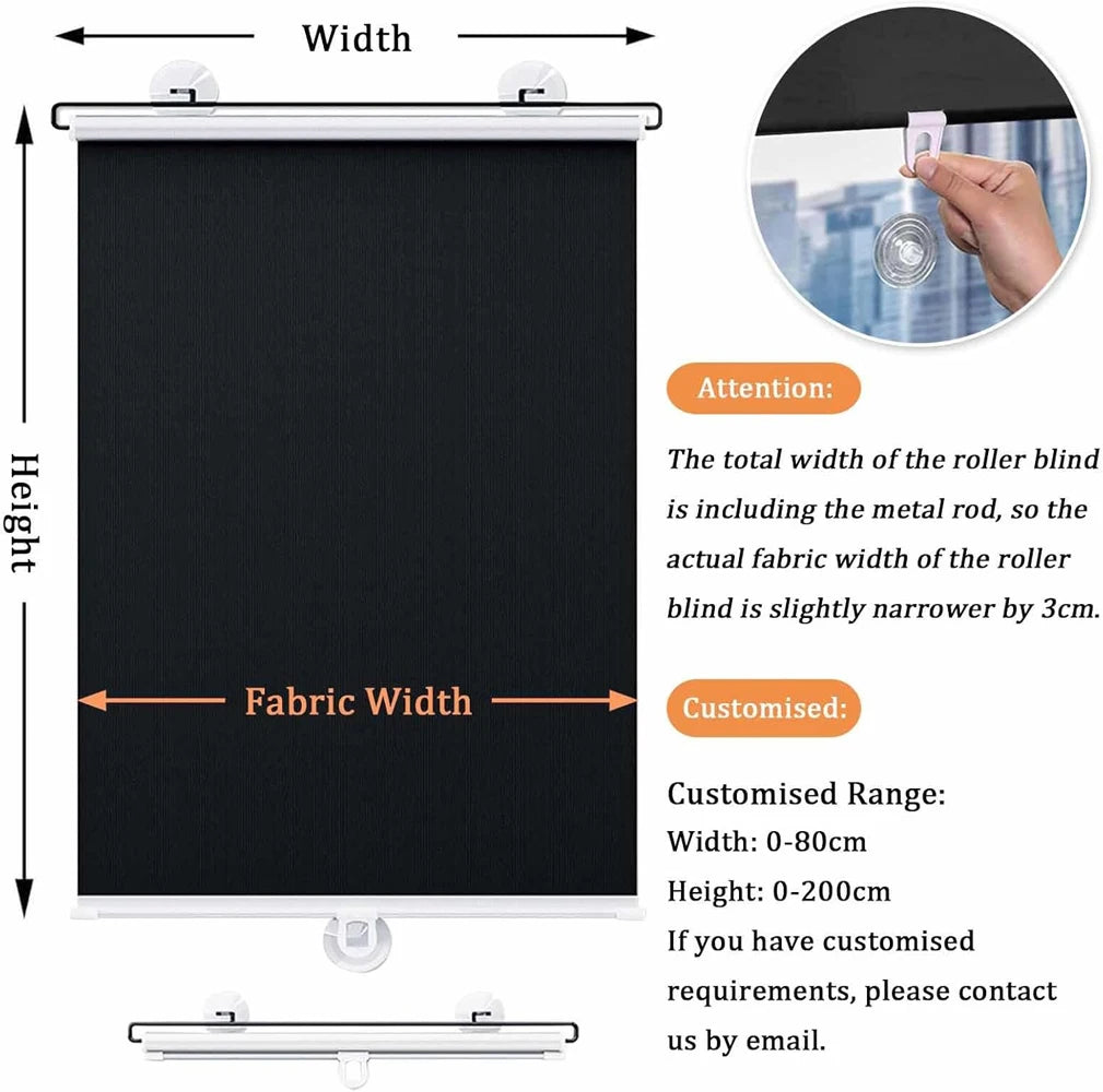 A rectangular black roller blind with a fabric width measurement, showing dimensions and installation context.