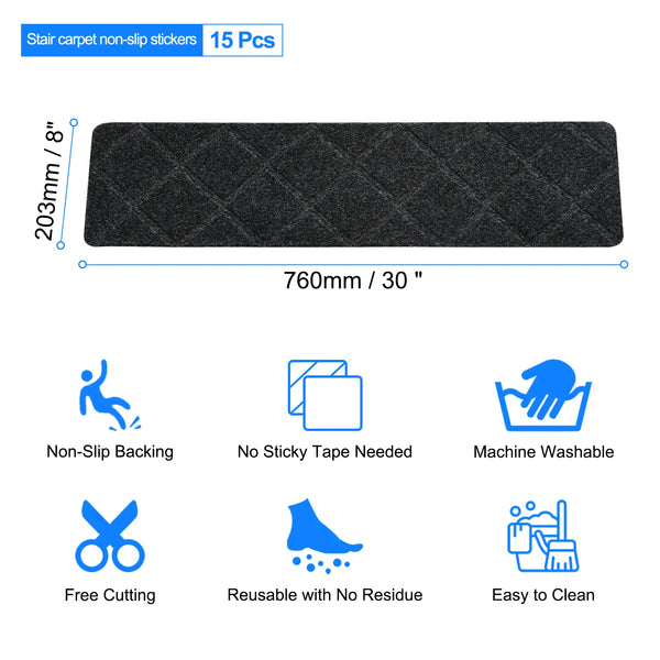Black non-slip carpet stair treads with features like non-slip backing, machine washability, and easy cleaning.