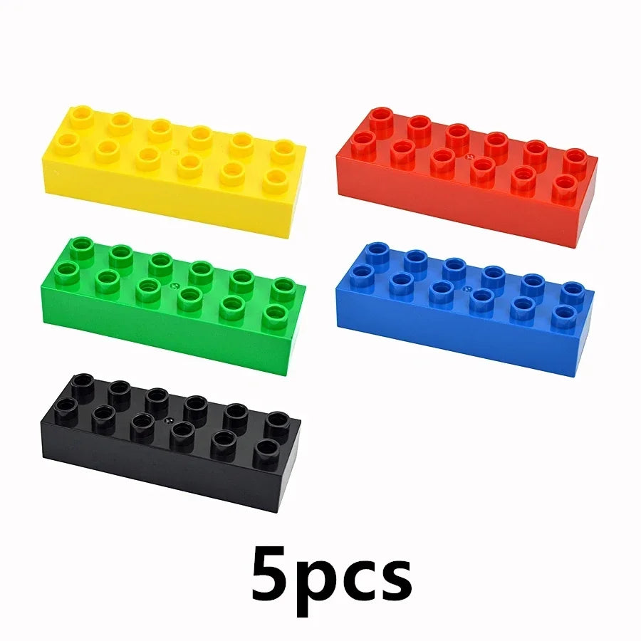 A set of five large building blocks in yellow, red, green, blue, and black.