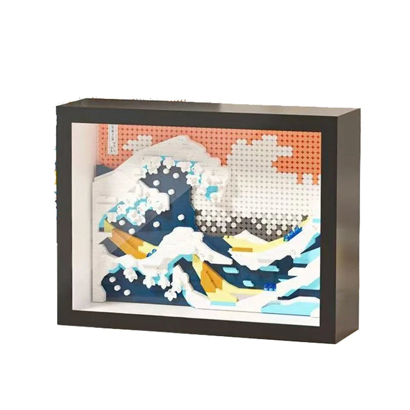 A framed display of Van Gogh Starry Night diamond building blocks featuring swirling blue and white patterns.