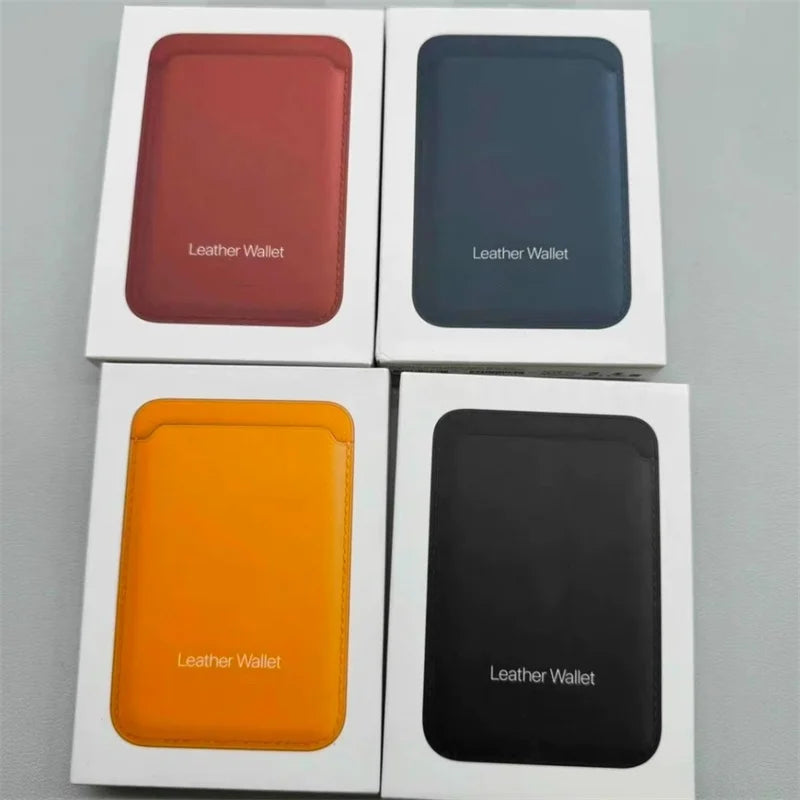 Three leather wallet cases in maroon, blue, and orange colors displayed in white packaging.