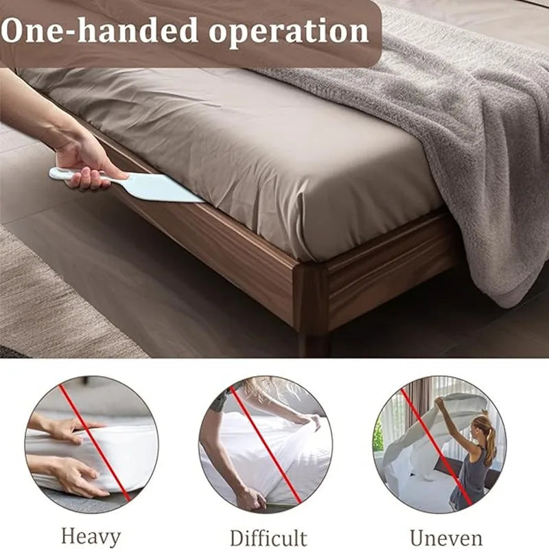 A hand is using a flat tool to tuck or organize a bed sheet on a bed.