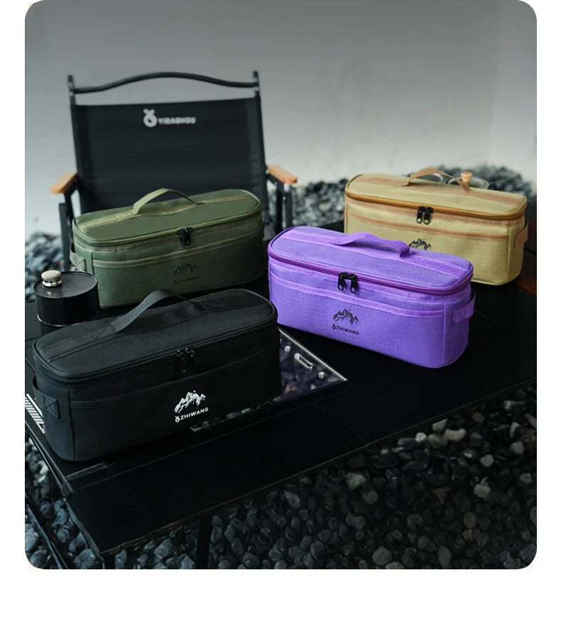 A collection of portable storage bags in olive green, beige, and purple are displayed on a dark surface.