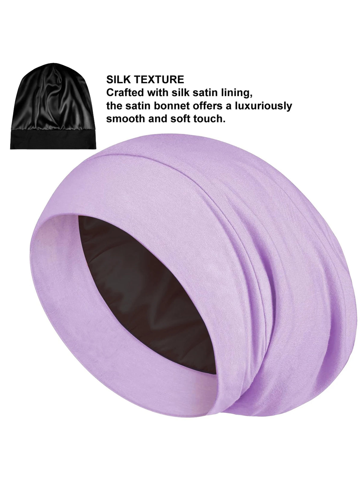 A rolled lavender silk satin sleep bonnet showing the smooth texture of the fabric.