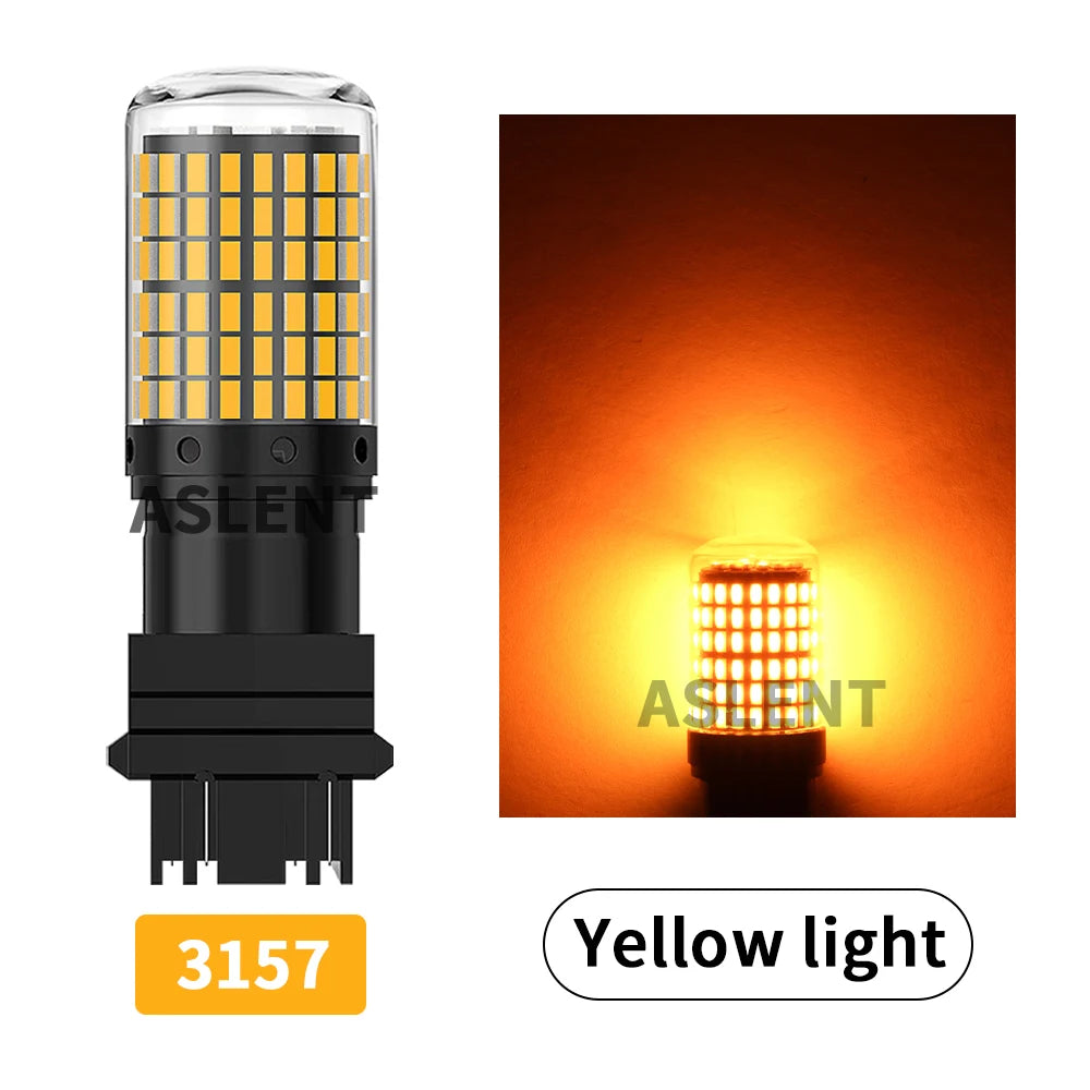 A bright yellow LED light bulb with a cylindrical glass envelope and black base, used for turn signals or brake lights.