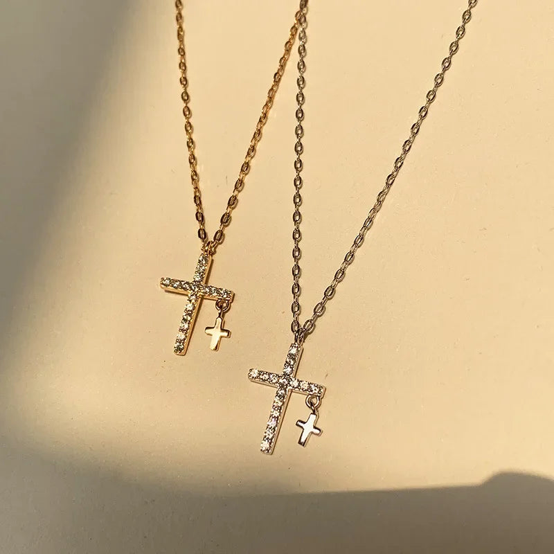 Double Cross Zircon Pendant Necklace