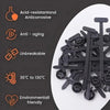 Black self-locking nylon cable tie buckles shown on a white plate with various features listed.