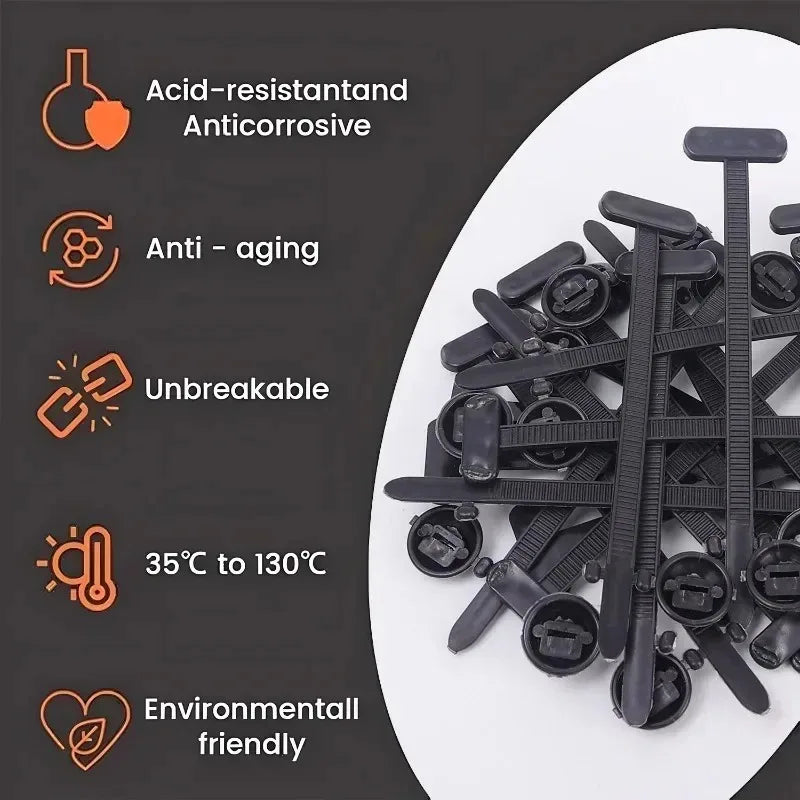Black self-locking nylon cable tie buckles shown on a white plate with various features listed.