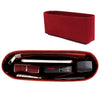 A deep red felt purse organizer insert with a zipper, showing various compartments for small items.
