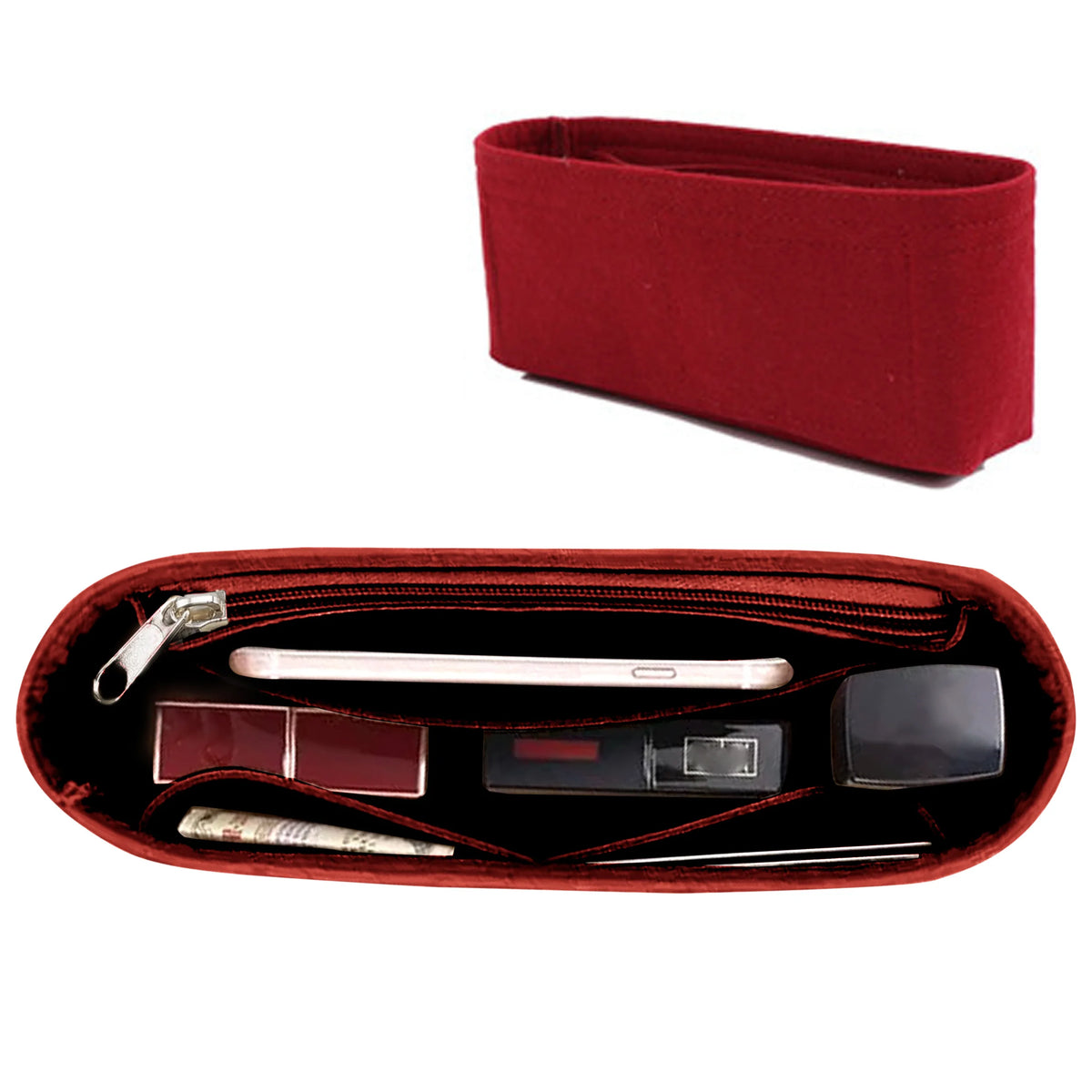 A deep red felt purse organizer insert with a zipper, showing various compartments for small items.