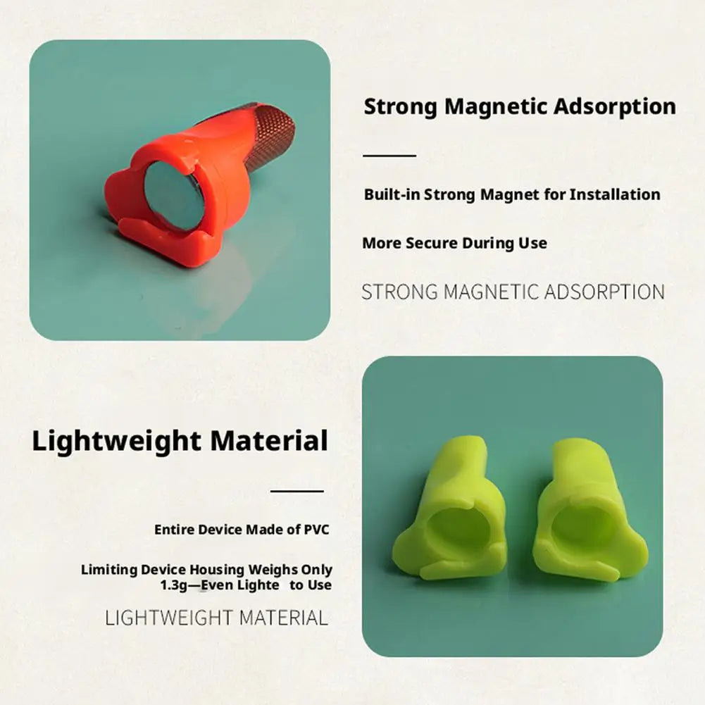 A red magnetic film cutting guide with an edge limiter is shown next to a light green piece of PVC material.