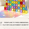 A colorful magnetic building tile structure showing various geometric shapes and colors arranged in a three-dimensional patte