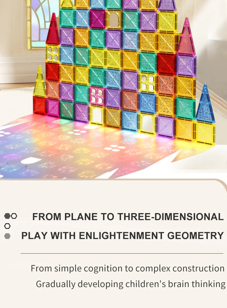 A colorful magnetic building tile structure showing various geometric shapes and colors arranged in a three-dimensional patte