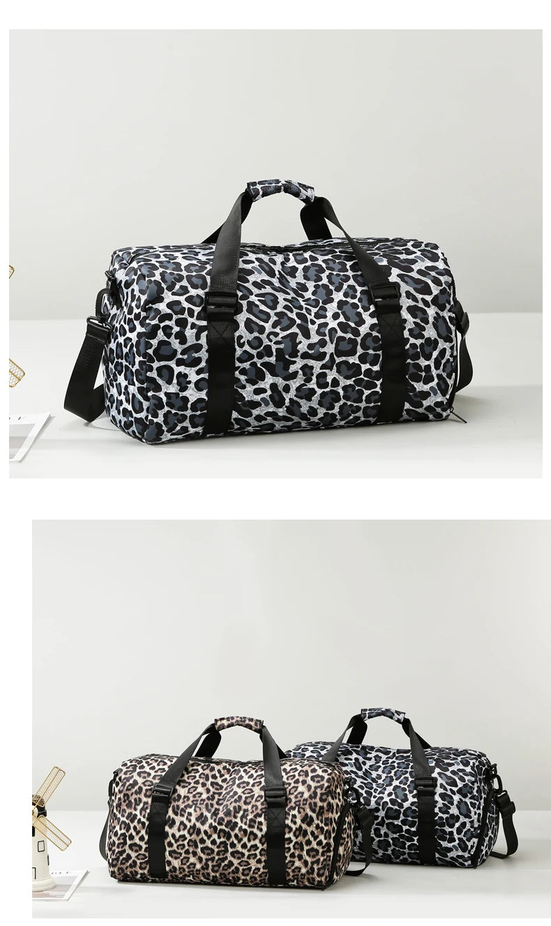 A black and white leopard print travel tote bag with shoulder straps resting on a white surface.