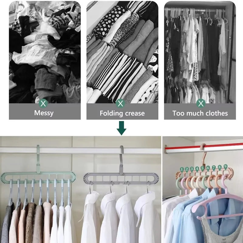 A set of three metal folding hangers with 9-hole capacity displayed on a white rack.