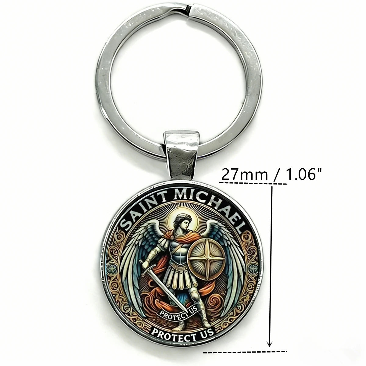 Silver key chain featuring a medallion of Saint Michael the Archangel with wings and a sword.