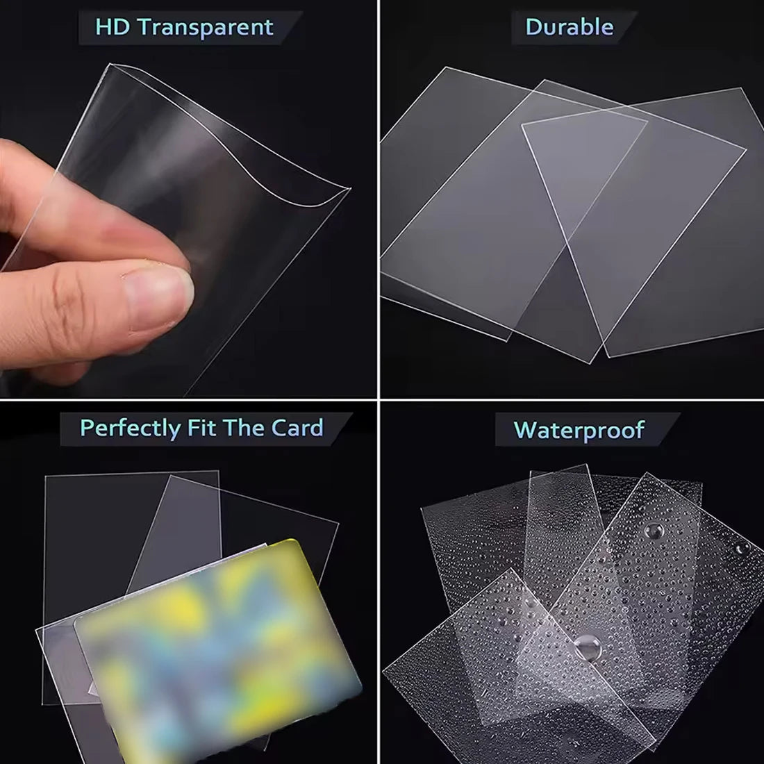 A set of clear, durable, waterproof PP card sleeves shown in various angles and contexts.