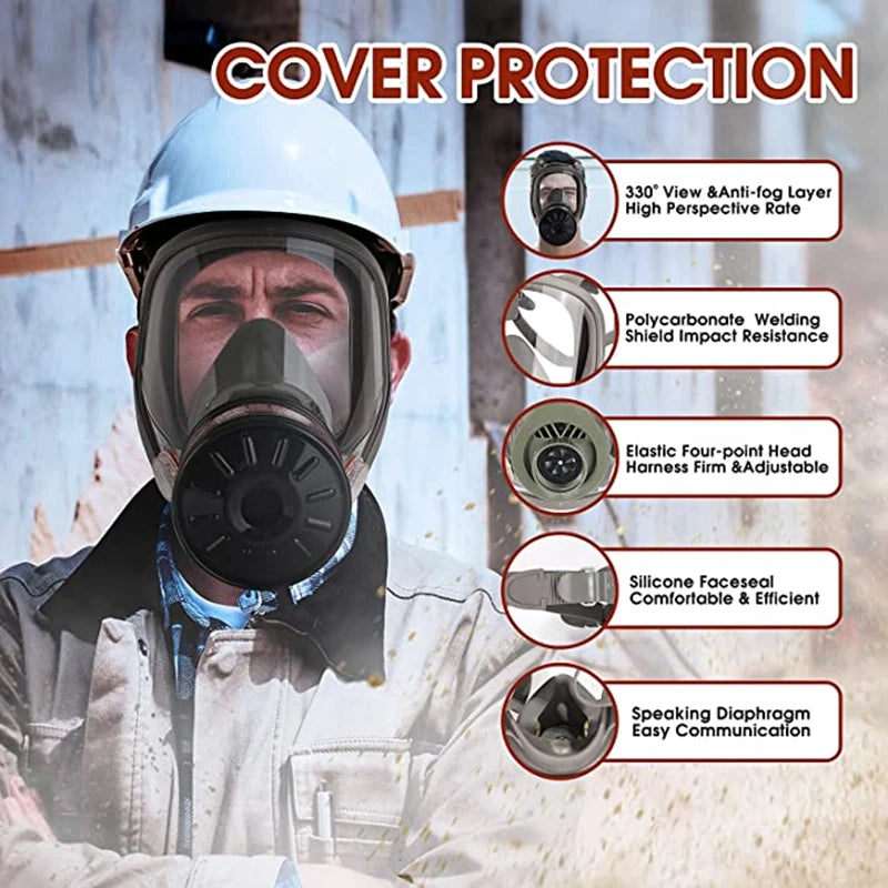 A man wearing a full face respirator mask with various protective features is shown against a blurred background.