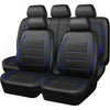 A full set of black leather car seat covers with headrests and seat cushions.