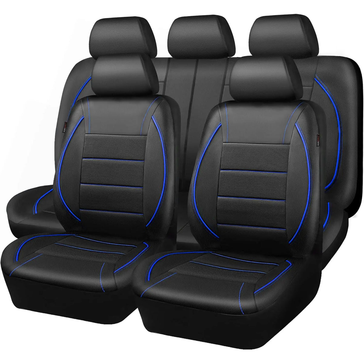 A full set of black leather car seat covers with headrests and seat cushions.
