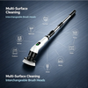 A cordless electric spin scrubber with interchangeable brush heads is shown against a dark background, demonstrating cleaning