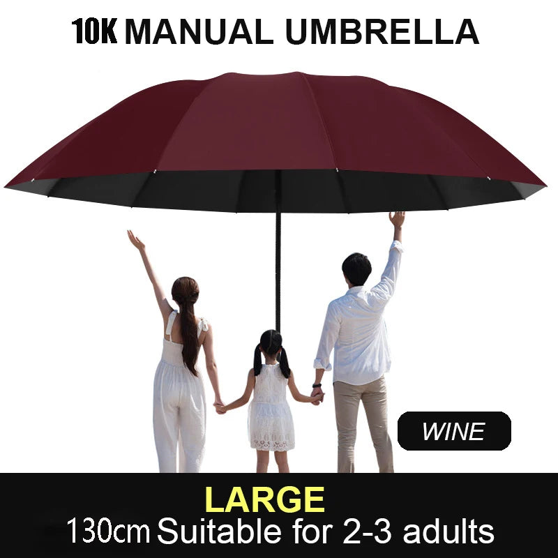 A large maroon manual umbrella is shown open, with two people standing underneath it.