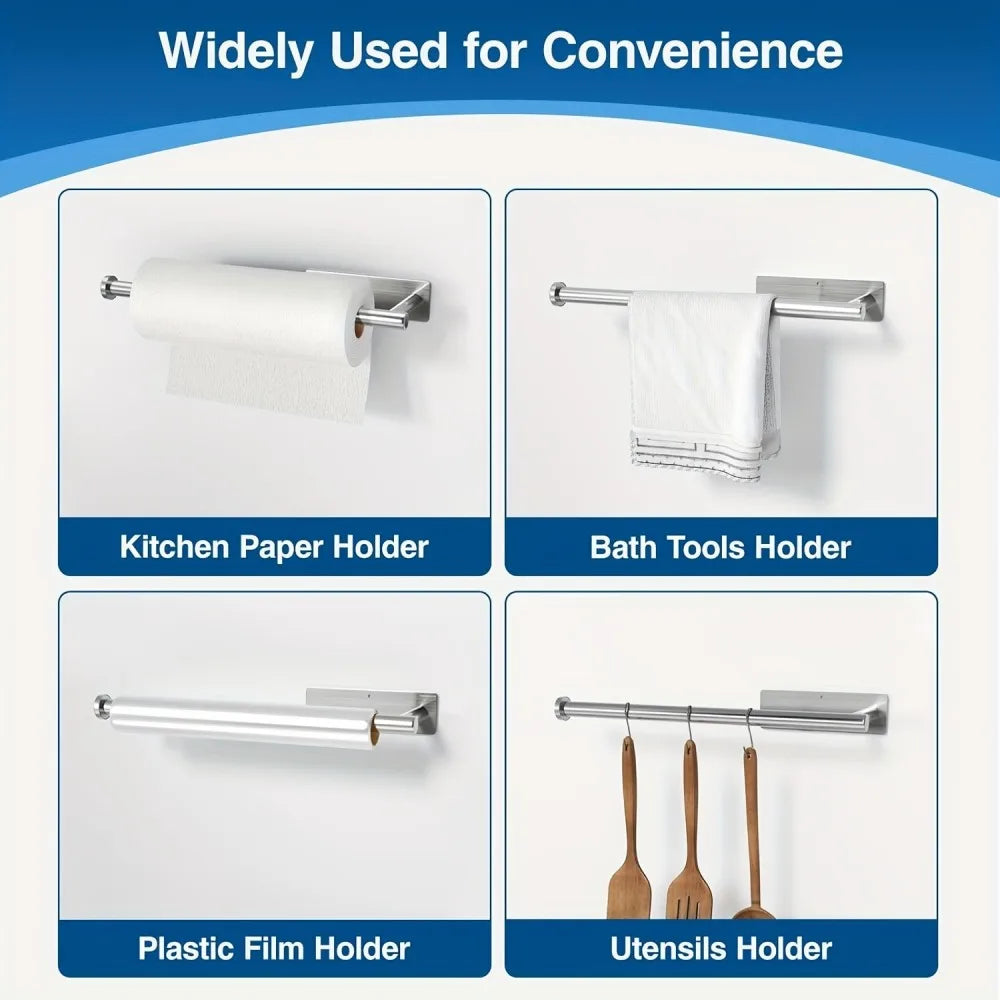A collection of stainless steel under-cabinet holders for kitchen paper, bath tools, plastic film, and utensils.