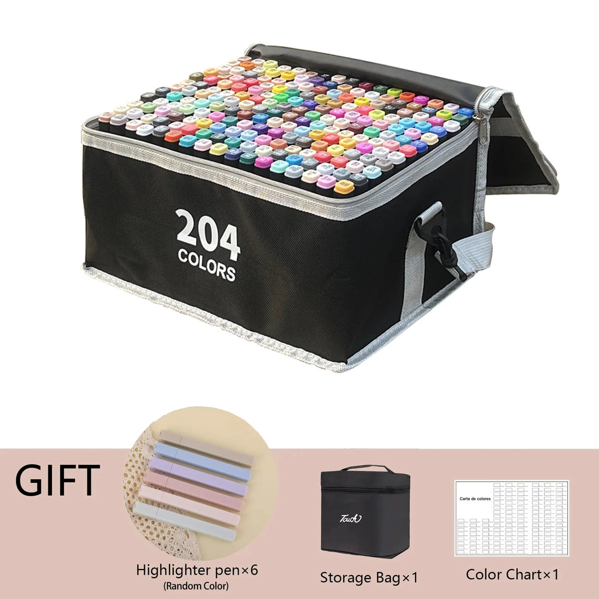 A gift set containing 204 colored markers in a storage box, along with a highlighter pen and a color chart.